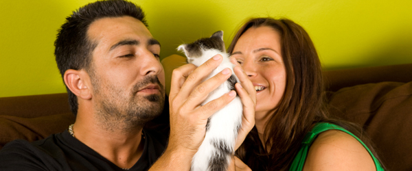 Graphic Young couple affectionately gazing at a small dog