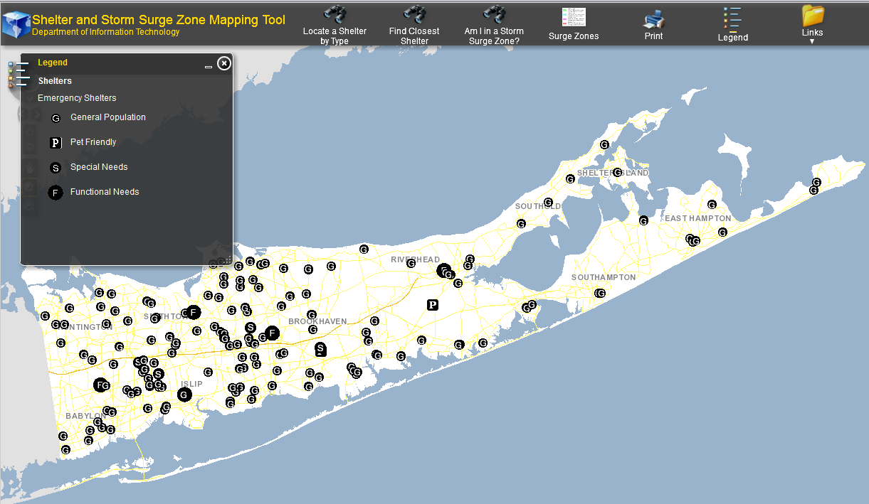 Map of Long Island - locate shelters in your neighborhood and determine if you home is in an area that is predicated to flood in a hurricane