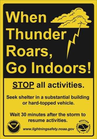 Graphic of cloud and a lightning bolt. When Thunder Roars Go Indoors! Stop all activities. Seek shelter in a substantial building or hard-topped vehicle, Wait 30 minutes after the storm to resume activities. www.lightningsafety.noaa.gov