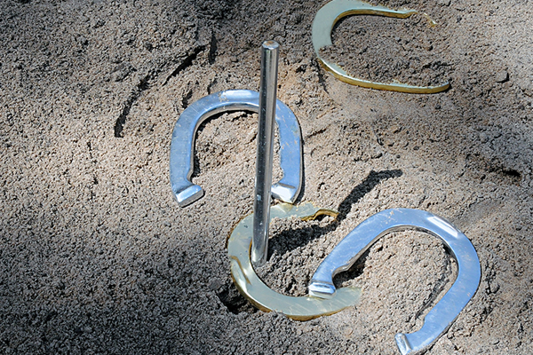 a pair of horseshoes around a throwing stake
