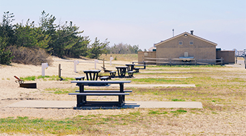 a set of tables at a park