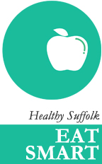 Logo: apple in a circle with the words healthy suffolk eat smart