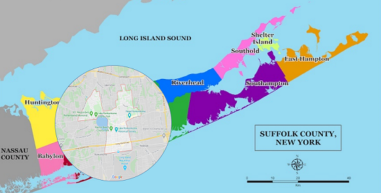map of long island with a focus on the lake ronkonkoma area
