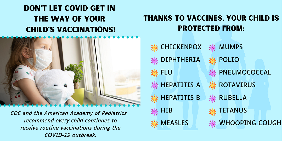 Young girl at the window: Don't let COVID get in the way of your Child's Vaccinations.