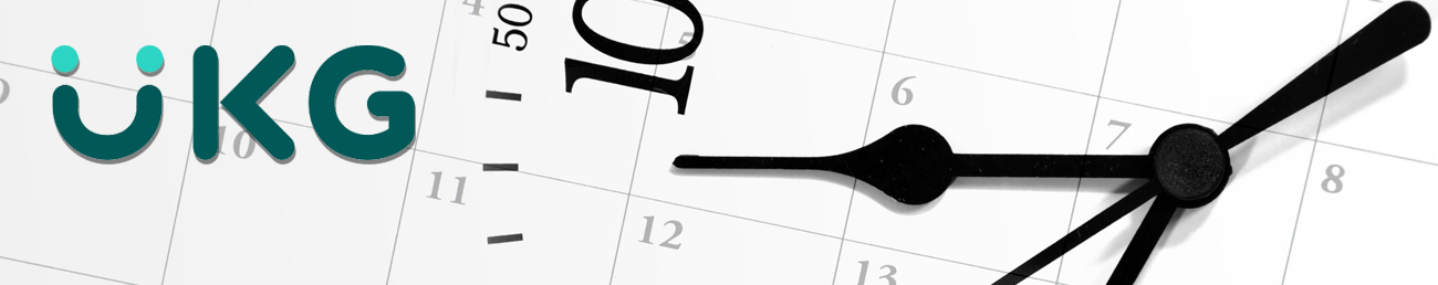 UKG logo on top of clock and calendar